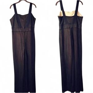 VENUS women's black open knit nude lined crochet lace wide leg jumpsuit, size L